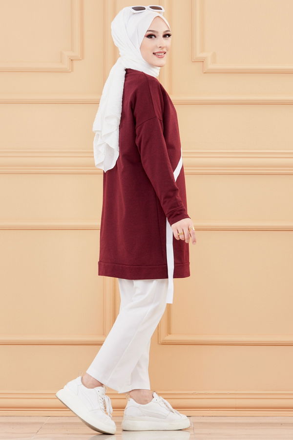 Düz Bisiklet Yaka Kadın Bordo TUNIK - 3372 BORDO