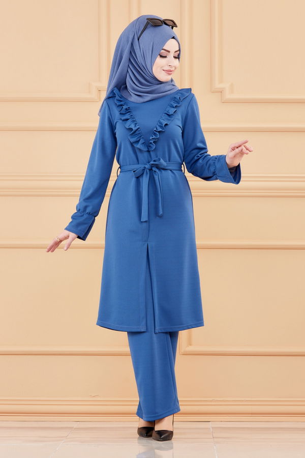 Düz Bisiklet Yaka Kadın Mavi TUNIK PANTOLON - 3513