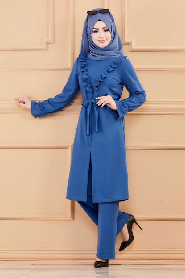 Düz Bisiklet Yaka Kadın Mavi TUNIK PANTOLON - 3513