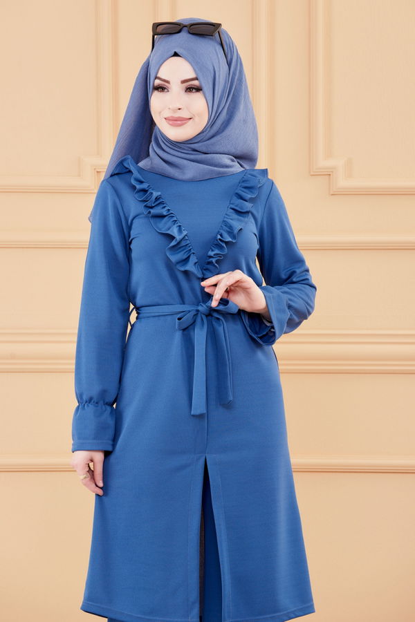 Düz Bisiklet Yaka Kadın Mavi TUNIK PANTOLON - 3513