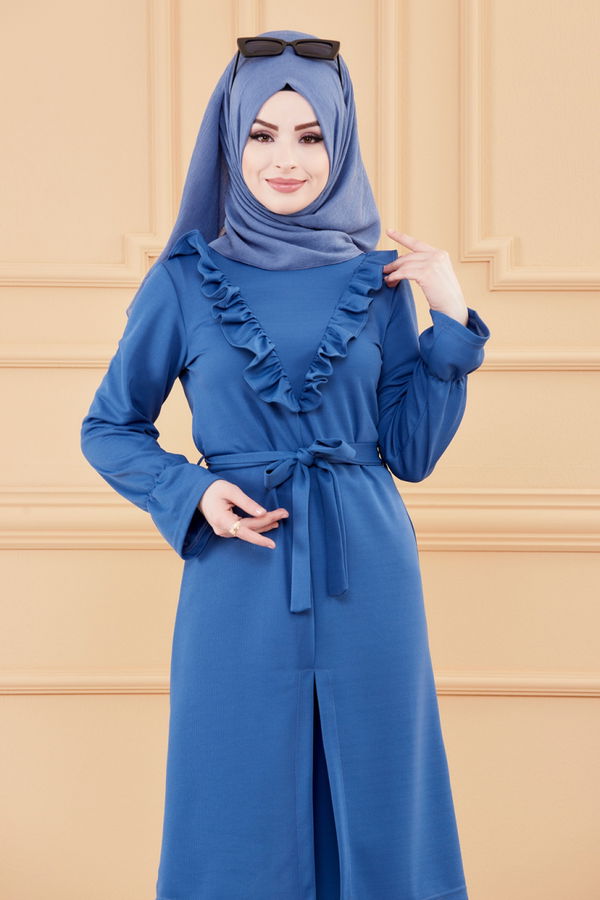 Düz Bisiklet Yaka Kadın Mavi TUNIK PANTOLON - 3513