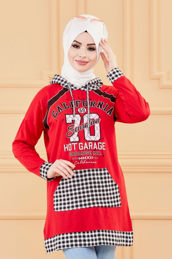 Düz Orta Kadın Kırmızı KAPSONLU TUNIK - 8731 Kırmızı