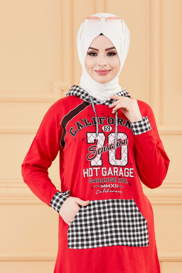 Düz Orta Kadın Kırmızı KAPSONLU TUNIK - 8731 Kırmızı
