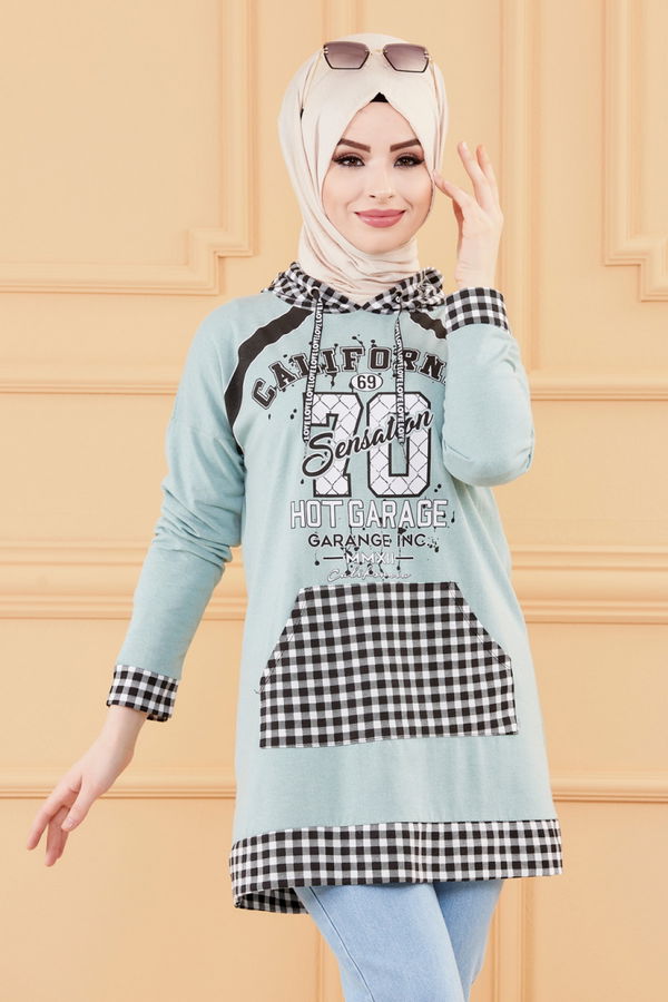 Düz Orta Kadın Yeşil KAPSONLU TUNIK - 8731 YEŞİL