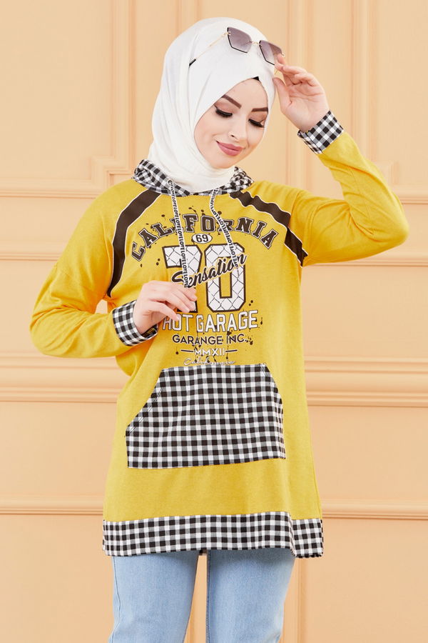 Düz Orta Kadın Sarı KAPSONLU TUNIK - 8731