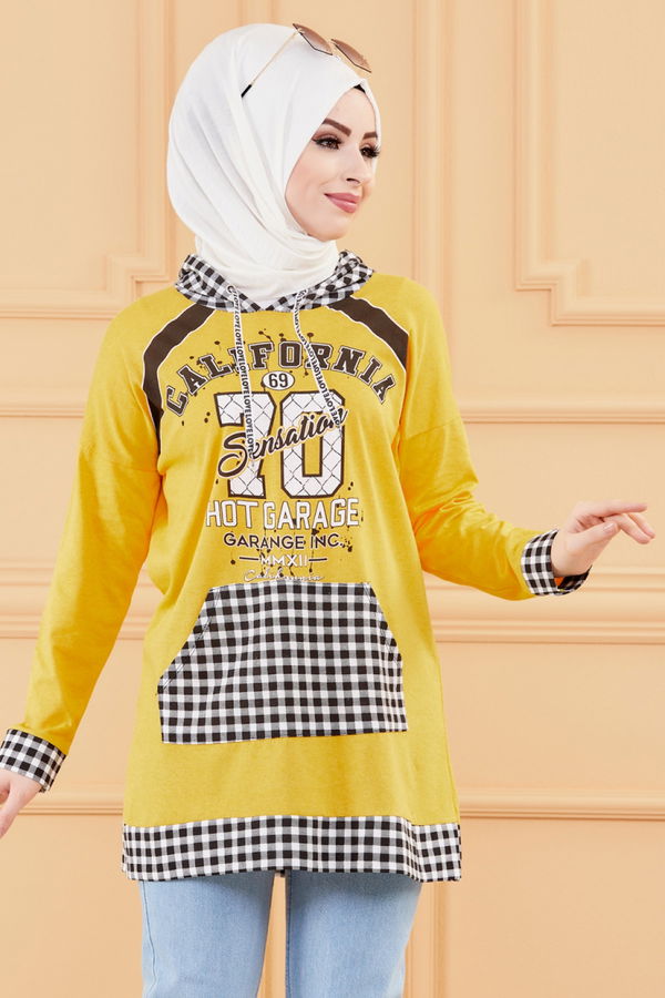 Düz Orta Kadın Sarı KAPSONLU TUNIK - 8731