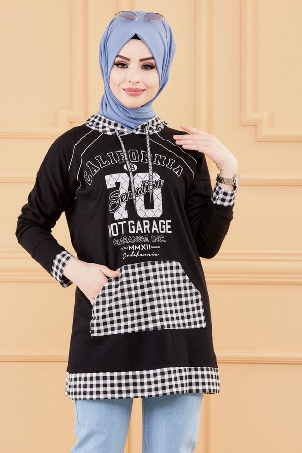 Düz Orta Kadın Siyah KAPSONLU TUNIK - 8731