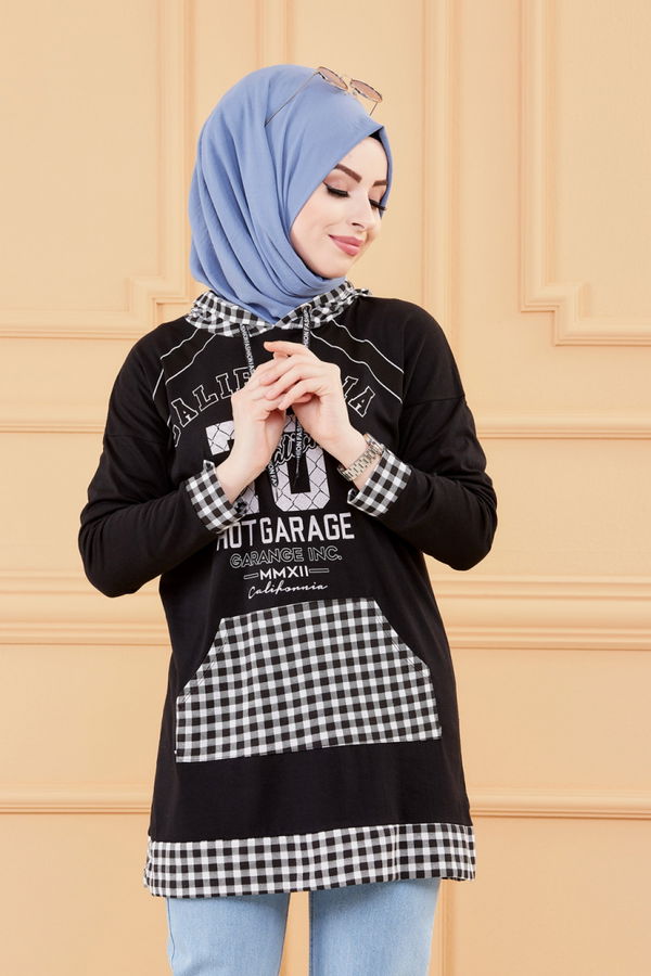 Düz Orta Kadın Siyah KAPSONLU TUNIK - 8731