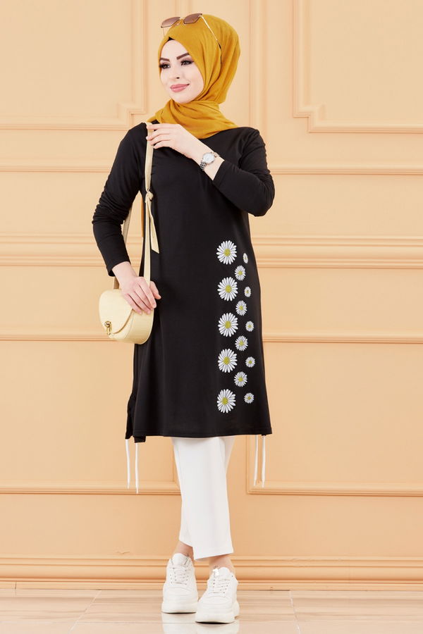 Düz Bisiklet Yaka Kadın Siyah TUNIK - 3557