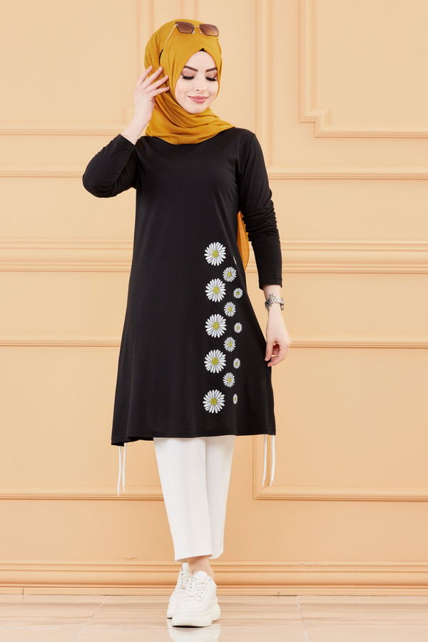 Düz Bisiklet Yaka Kadın Siyah TUNIK - 3557