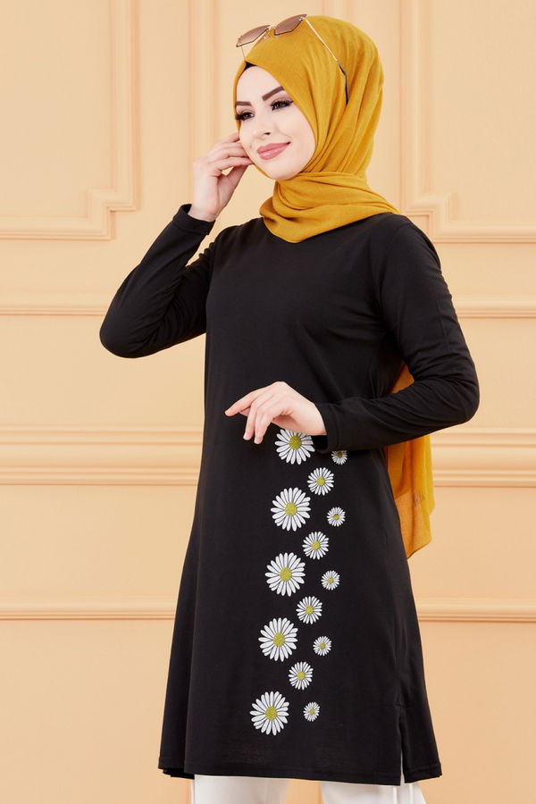 Düz Bisiklet Yaka Kadın Siyah TUNIK - 3557