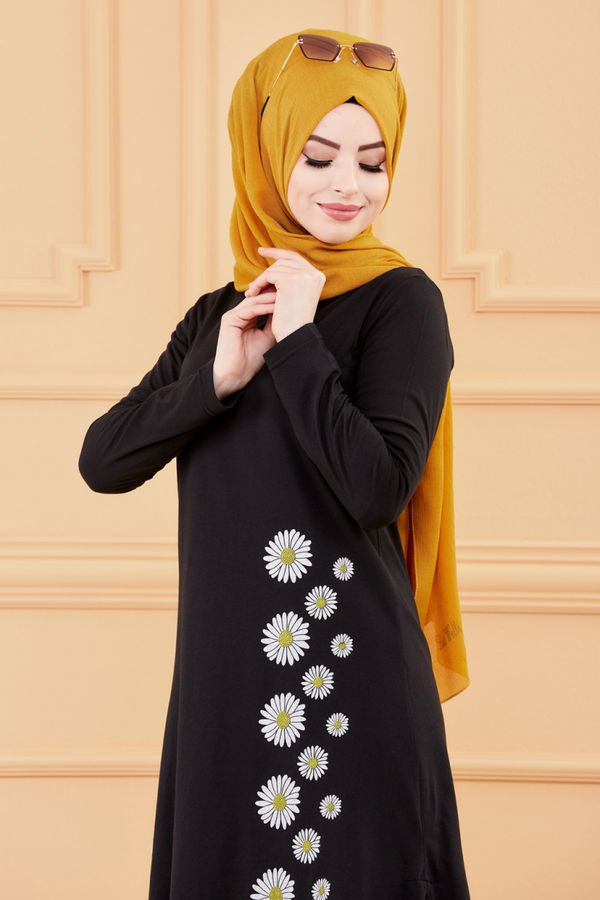 Düz Bisiklet Yaka Kadın Siyah TUNIK - 3557