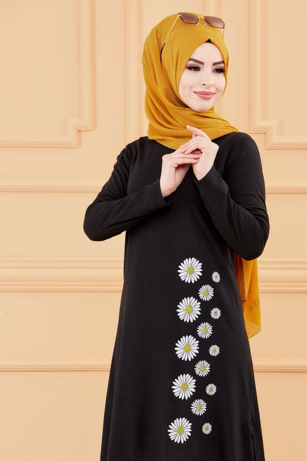 Düz Bisiklet Yaka Kadın Siyah TUNIK - 3557