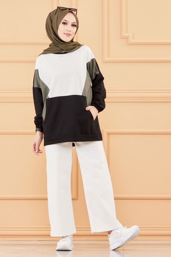 Düz Bisiklet Yaka Kadın Haki SWEAT - 3351
