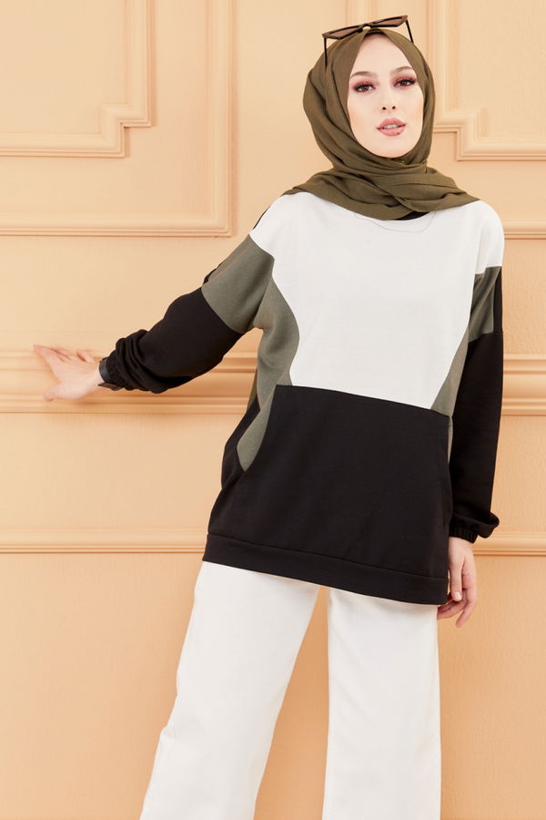 Düz Bisiklet Yaka Kadın Haki SWEAT - 3351