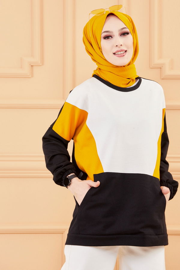 Düz Bisiklet Yaka Kadın Sarı SWEAT - 3351