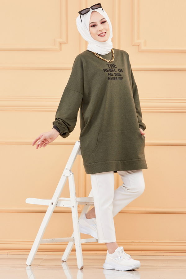 Düz Orta Kadın Haki TUNIK - 3358