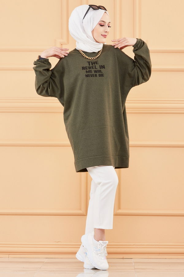 Düz Orta Kadın Haki TUNIK - 3358