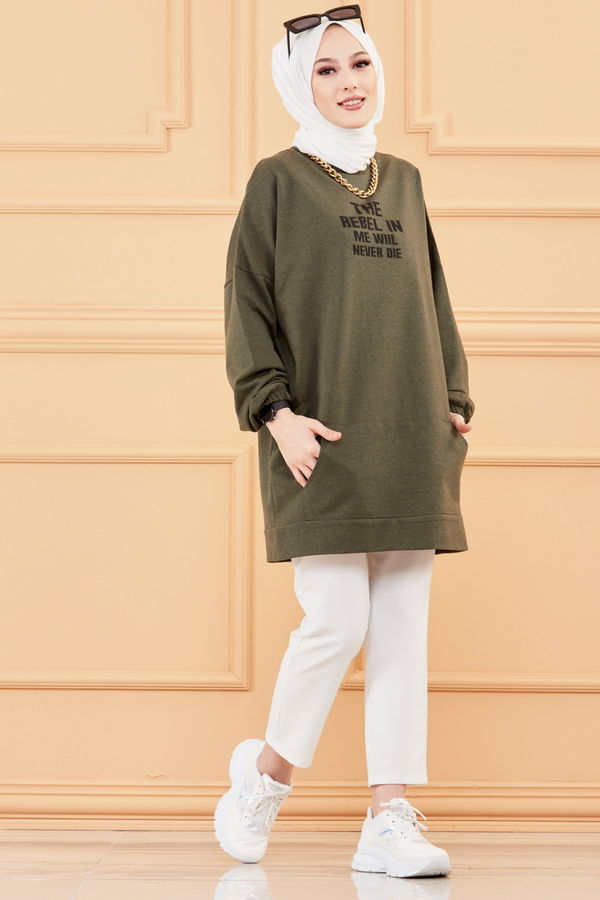 Düz Orta Kadın Haki TUNIK - 3358