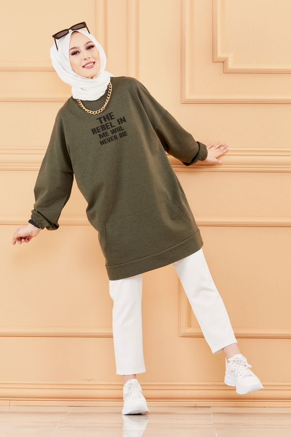 Düz Orta Kadın Haki TUNIK - 3358