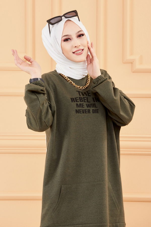 Düz Orta Kadın Haki TUNIK - 3358