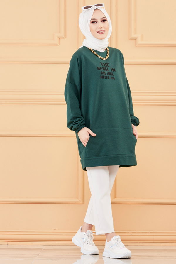 Düz Bisiklet Yaka Kadın Yeşil TUNIK - 3358