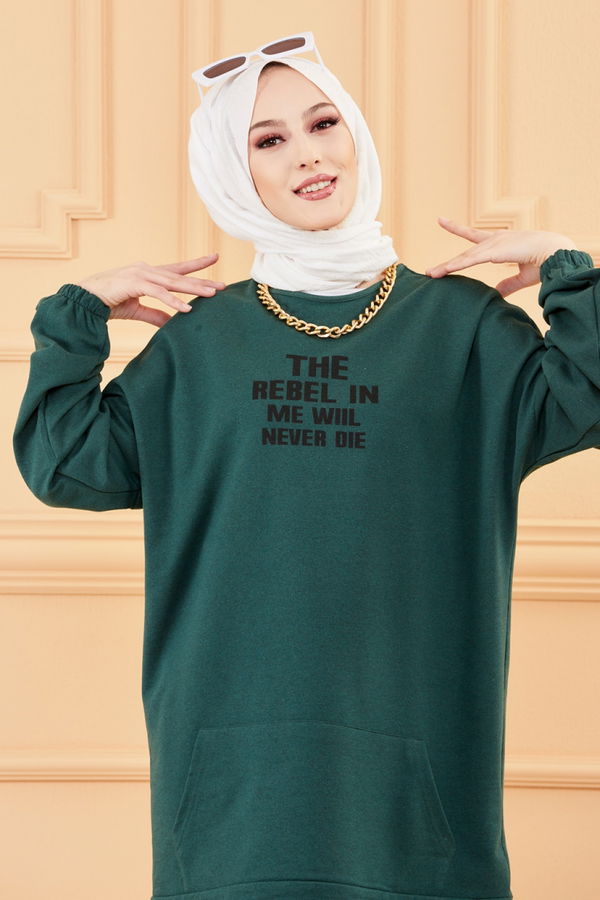 Düz Bisiklet Yaka Kadın Yeşil TUNIK - 3358