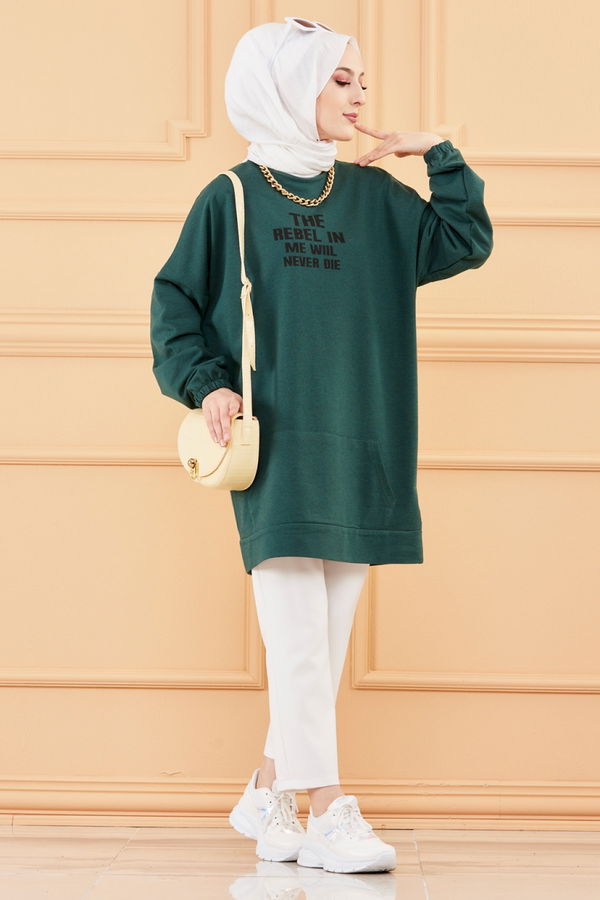 Düz Bisiklet Yaka Kadın Yeşil TUNIK - 3358