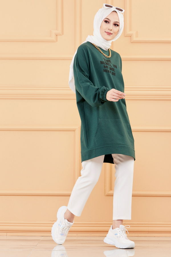 Düz Bisiklet Yaka Kadın Yeşil TUNIK - 3358