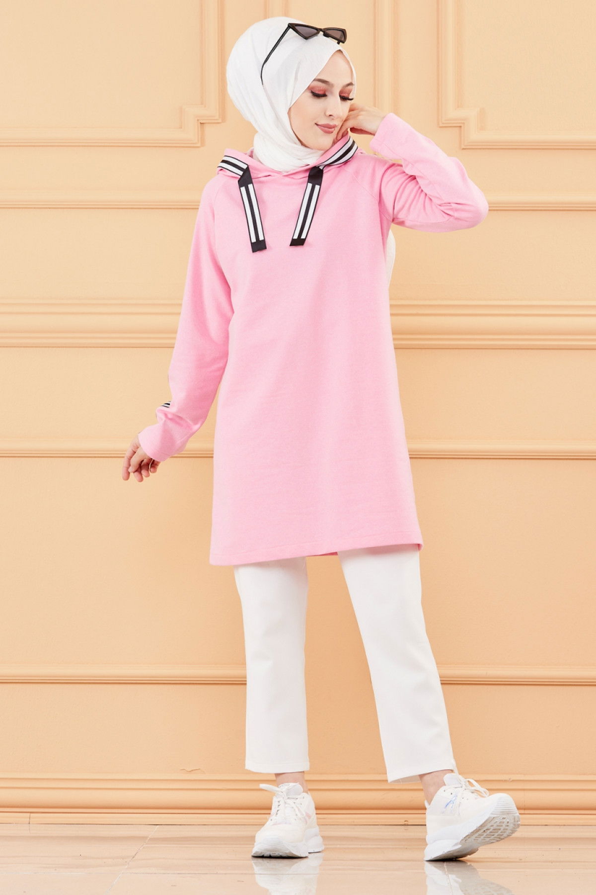 Düz Kapşonlu Yaka Kadın Pembe SERITLI TUNIK - 8358 PEMBE