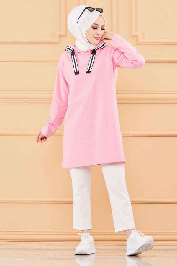 Düz Kapşonlu Yaka Kadın Pembe SERITLI TUNIK - 8358 PEMBE