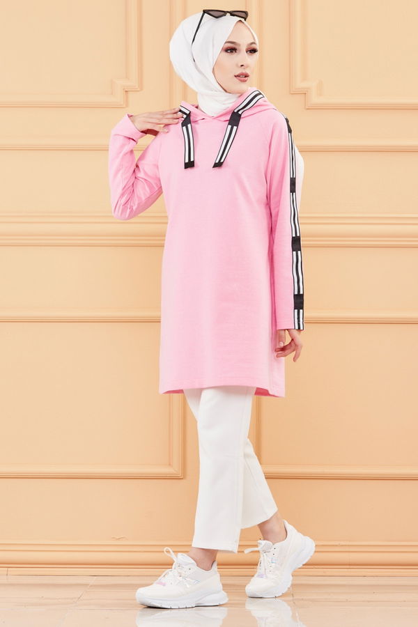 Düz Kapşonlu Yaka Kadın Pembe SERITLI TUNIK - 8358 PEMBE
