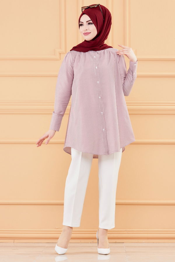 Düz Gömlek Yaka Kadın Bordo TUNIK - 8759