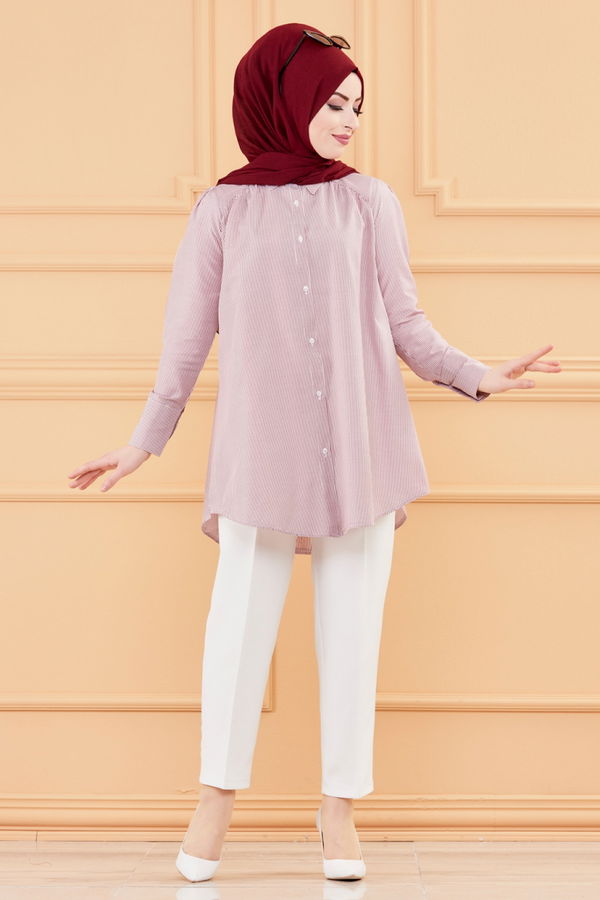 Düz Gömlek Yaka Kadın Bordo TUNIK - 8759