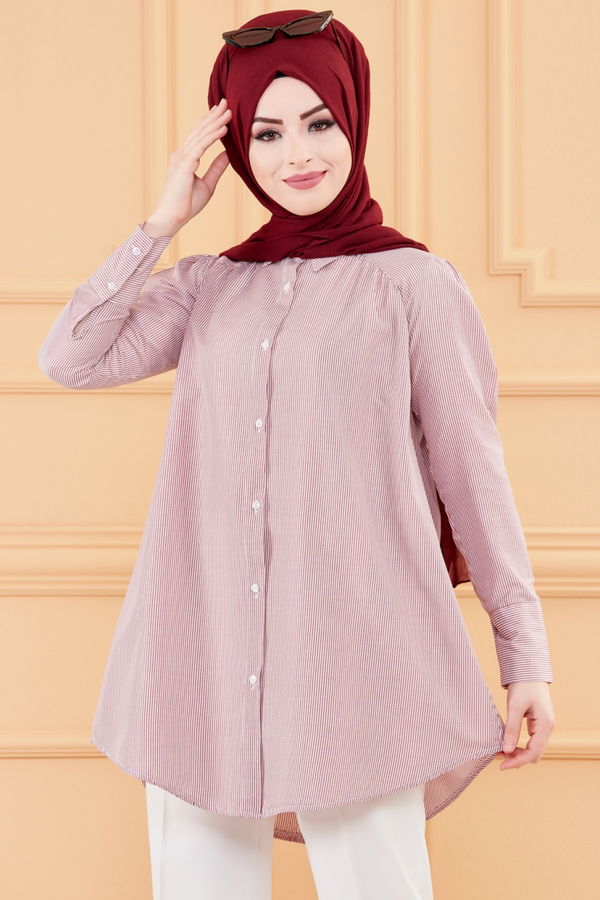 Düz Gömlek Yaka Kadın Bordo TUNIK - 8759