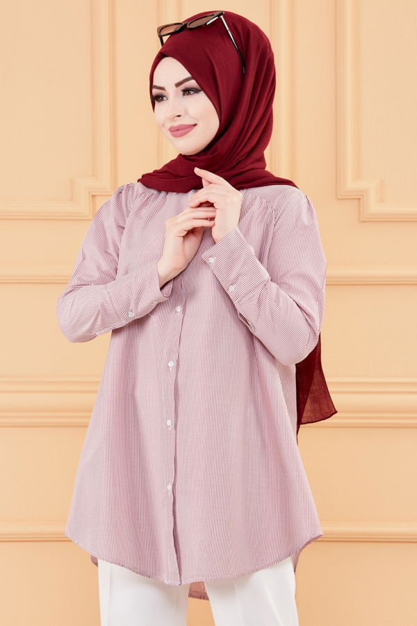 Düz Gömlek Yaka Kadın Bordo TUNIK - 8759