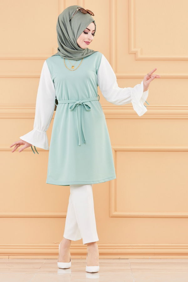 Düz Bisiklet Yaka Kadın Yeşil TUNIK - 3238