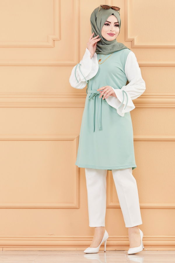 Düz Bisiklet Yaka Kadın Yeşil TUNIK - 3238