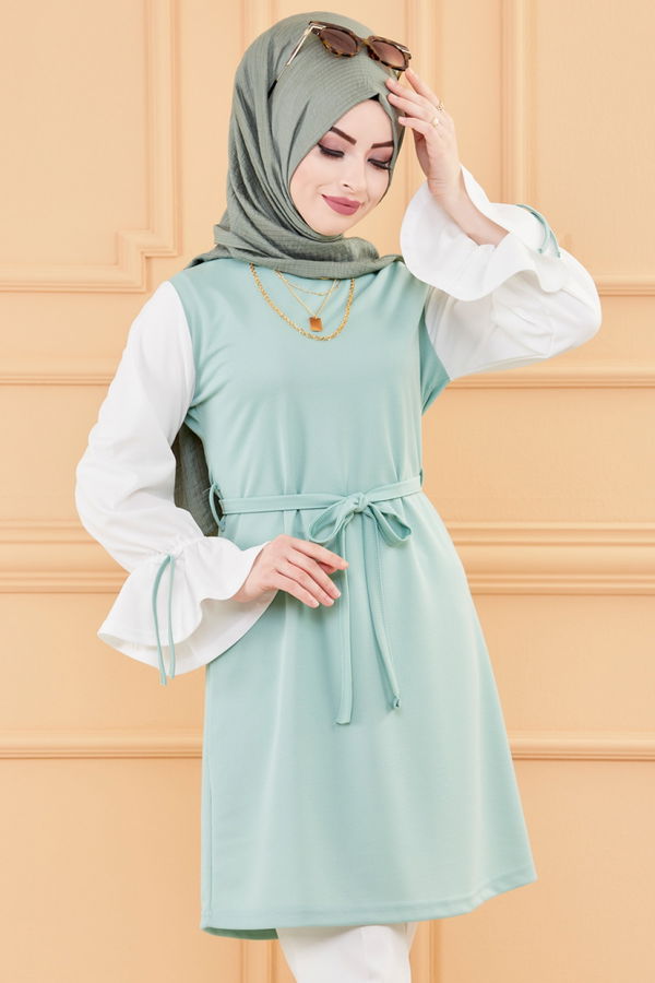 Düz Bisiklet Yaka Kadın Yeşil TUNIK - 3238