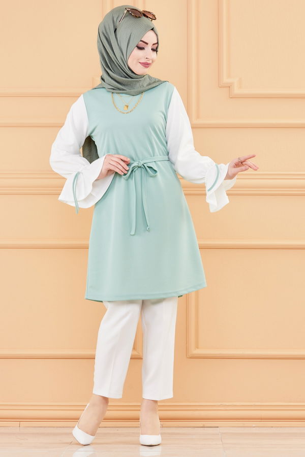 Düz Bisiklet Yaka Kadın Yeşil TUNIK - 3238