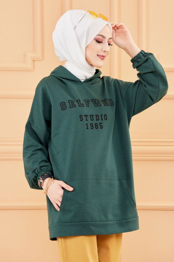 Düz Kapşonlu Yaka Kadın Yeşil KAPSONLU SWEAT - 3322