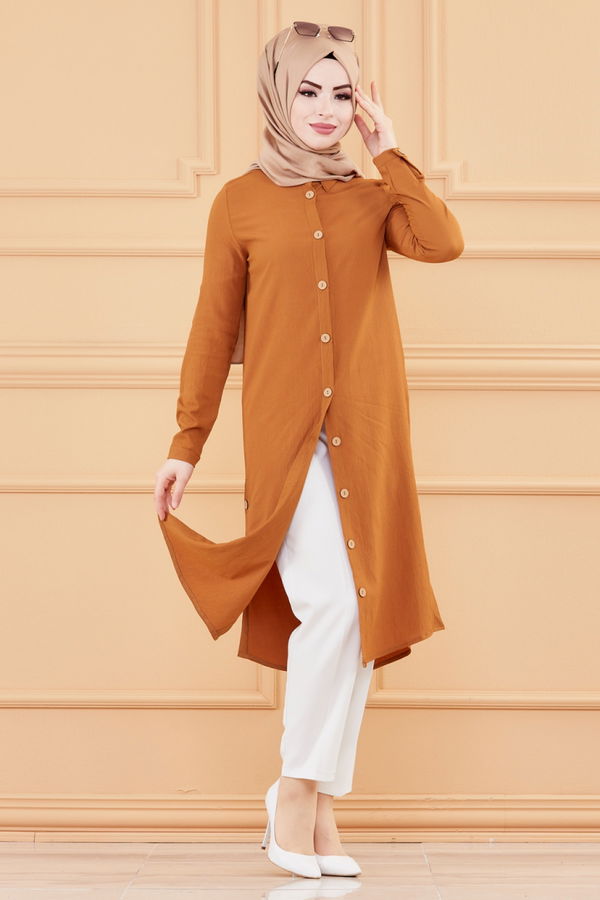 Düz Gömlek Yaka Kadın Taba Tunik - 3517