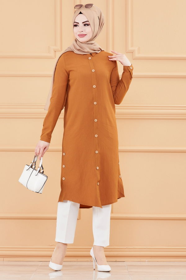 Düz Gömlek Yaka Kadın Taba Tunik - 3517
