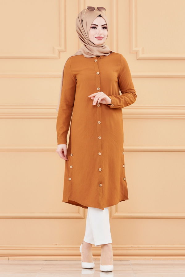 Düz Gömlek Yaka Kadın Taba Tunik - 3517