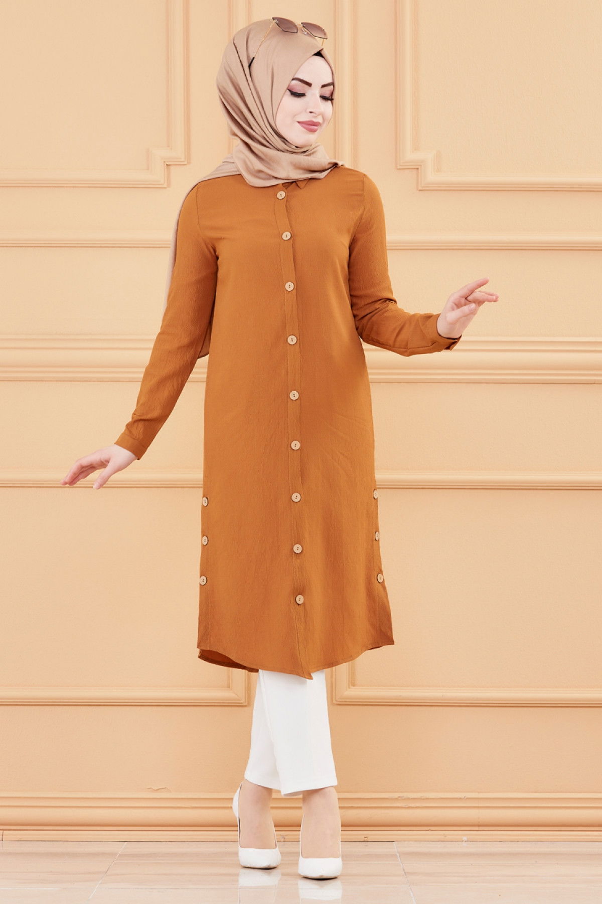 Düz Gömlek Yaka Kadın Taba Tunik - 3517