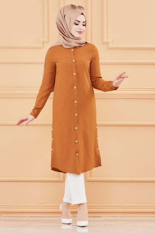 Düz Gömlek Yaka Kadın Taba Tunik - 3517