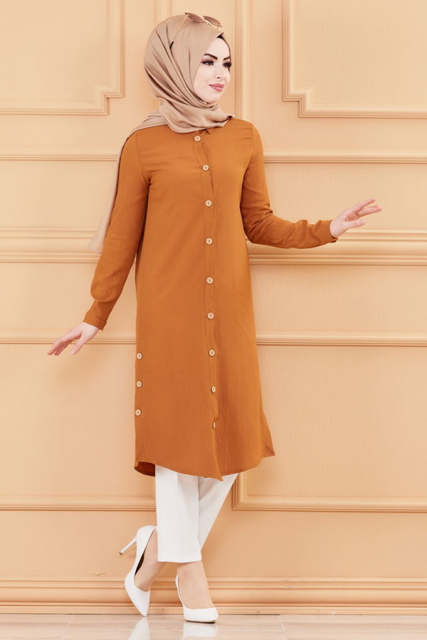 Düz Gömlek Yaka Kadın Taba Tunik - 3517