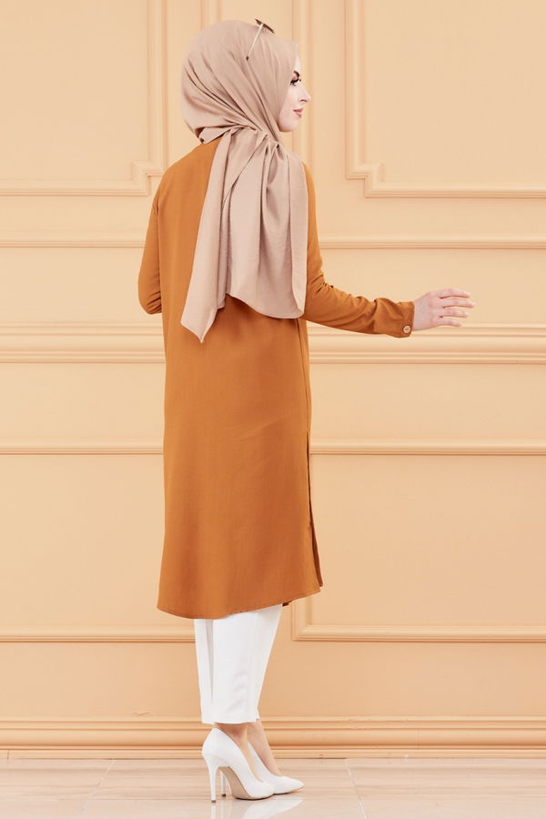 Düz Gömlek Yaka Kadın Taba Tunik - 3517