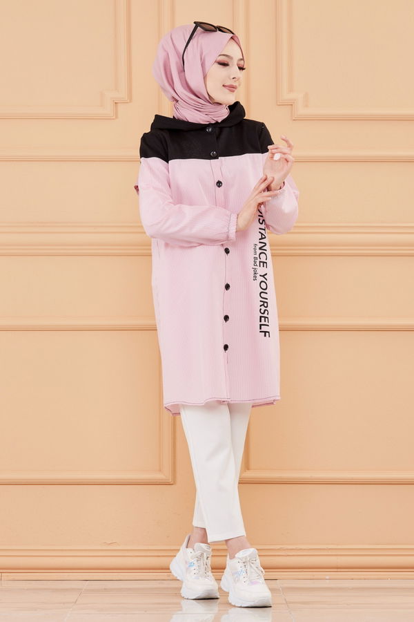 Düz Kapsonlu Yaka Kadın Pembe TUNIK - 3551