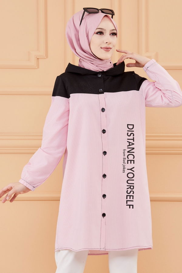 Düz Kapsonlu Yaka Kadın Pembe TUNIK - 3551